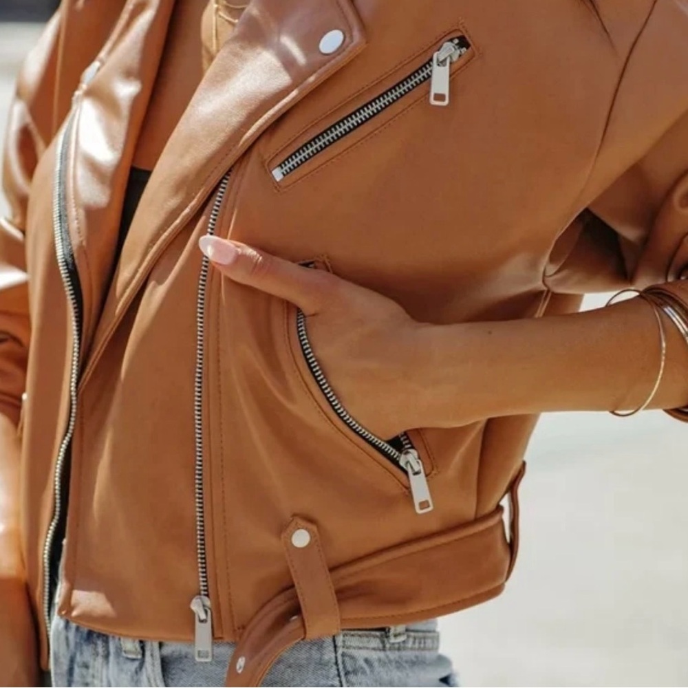 Women's Avec Les Filles Jacket – Camel synthetic leather biker style - Picture 3 of 12